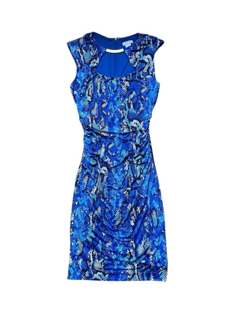 Caché Blue Snakeskin‎ Print Bodycon Cocktail Dress Cutout Ruched Women’s 4 US